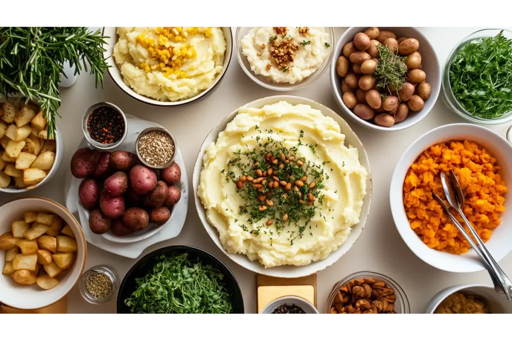 Delicious mashed potato bar station with bowls of toppings